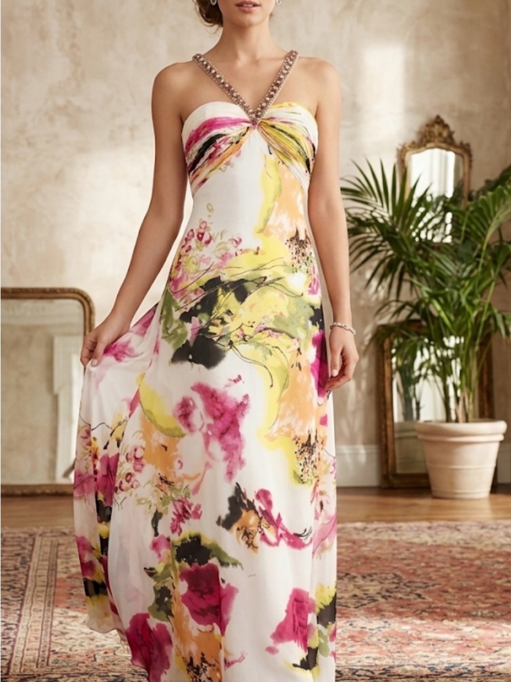Faviana Y2K Jeweled V-Neck Floral Maxi Dress in White, Pink & Yellow